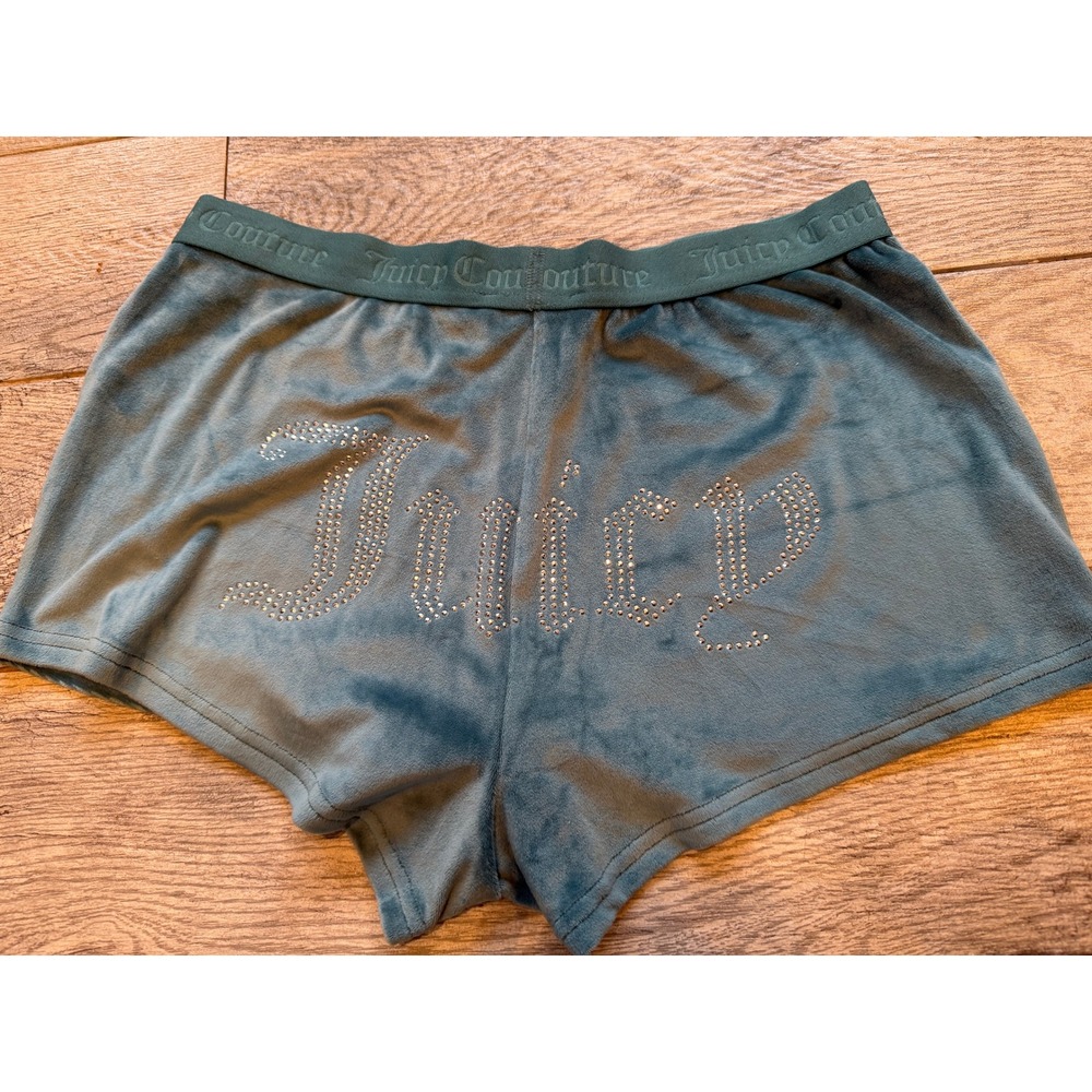 Juicy Couture Velour Sleep Shorts Womens Medium Teal Excellent Rhinestone Y2K - Picture 9 of 11